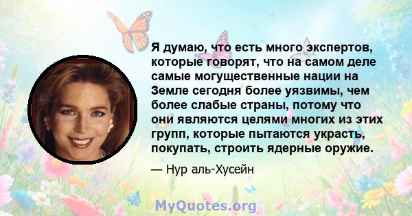 Я думаю, что есть много экспертов, которые говорят, что на самом деле самые могущественные нации на Земле сегодня более уязвимы, чем более слабые страны, потому что они являются целями многих из этих групп, которые