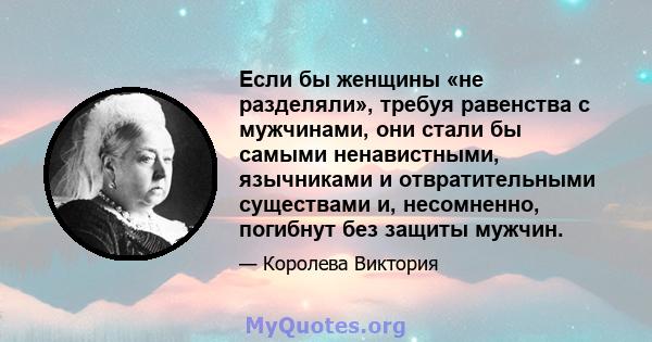 Если бы женщины «не разделяли», требуя равенства с мужчинами, они стали бы самыми ненавистными, язычниками и отвратительными существами и, несомненно, погибнут без защиты мужчин.