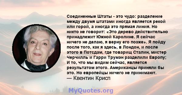 Соединенные Штаты - это чудо: разделение между двумя штатами иногда является рекой или горой, а иногда это прямая линия. Но никто не говорит: «Это дерево действительно принадлежит Южной Каролине. Я сейчас ничего не