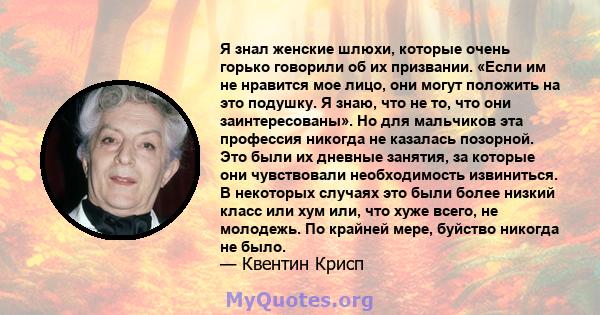 Я знал женские шлюхи, которые очень горько говорили об их призвании. «Если им не нравится мое лицо, они могут положить на это подушку. Я знаю, что не то, что они заинтересованы». Но для мальчиков эта профессия никогда