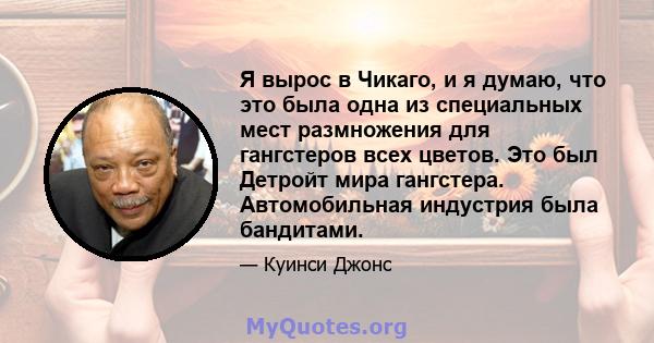 Я вырос в Чикаго, и я думаю, что это была одна из специальных мест размножения для гангстеров всех цветов. Это был Детройт мира гангстера. Автомобильная индустрия была бандитами.