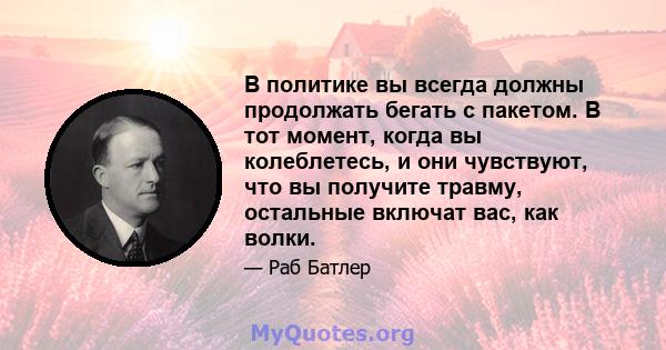 В политике вы всегда должны продолжать бегать с пакетом. В тот момент, когда вы колеблетесь, и они чувствуют, что вы получите травму, остальные включат вас, как волки.