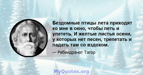 Бездомные птицы лета приходят ко мне в окно, чтобы петь и улететь. И желтые листья осени, у которых нет песен, трепетать и падать там со вздохом.