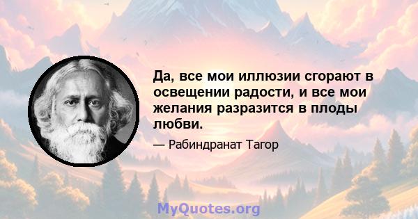 Да, все мои иллюзии сгорают в освещении радости, и все мои желания разразится в плоды любви.