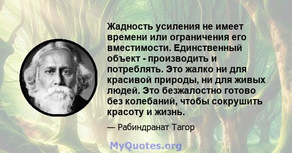 Жадность усиления не имеет времени или ограничения его вместимости. Единственный объект - производить и потреблять. Это жалко ни для красивой природы, ни для живых людей. Это безжалостно готово без колебаний, чтобы