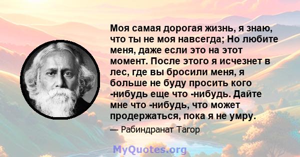 Моя самая дорогая жизнь, я знаю, что ты не моя навсегда; Но любите меня, даже если это на этот момент. После этого я исчезнет в лес, где вы бросили меня, я больше не буду просить кого -нибудь еще что -нибудь. Дайте мне