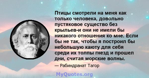 Птицы смотрели на меня как только человека, довольно пустяковое существо без крыльев-и они не имели бы никакого отношения ко мне. Если бы не так, чтобы я построил бы небольшую каюту для себя среди их толпы гнезд и