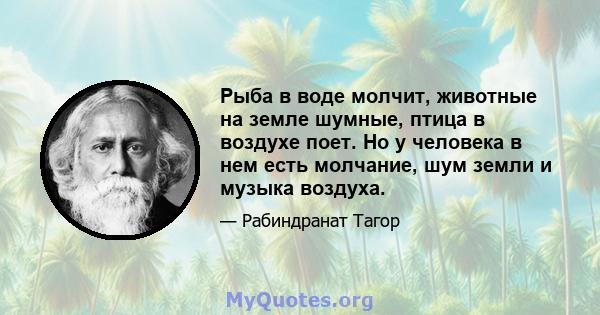 Рыба в воде молчит, животные на земле шумные, птица в воздухе поет. Но у человека в нем есть молчание, шум земли и музыка воздуха.