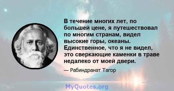 В течение многих лет, по большей цене, я путешествовал по многим странам, видел высокие горы, океаны. Единственное, что я не видел, это сверкающие каменки в траве недалеко от моей двери.