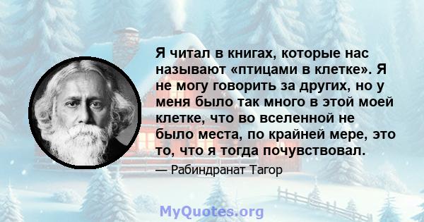 Я читал в книгах, которые нас называют «птицами в клетке». Я не могу говорить за других, но у меня было так много в этой моей клетке, что во вселенной не было места, по крайней мере, это то, что я тогда почувствовал.