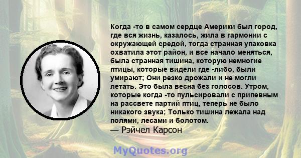 Когда -то в самом сердце Америки был город, где вся жизнь, казалось, жила в гармонии с окружающей средой, тогда странная упаковка охватила этот район, и все начало меняться, была странная тишина, которую немногие птицы, 