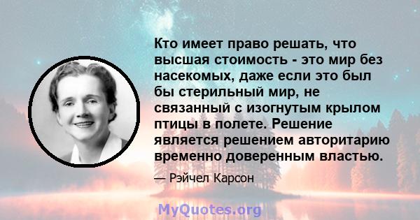 Кто имеет право решать, что высшая стоимость - это мир без насекомых, даже если это был бы стерильный мир, не связанный с изогнутым крылом птицы в полете. Решение является решением авторитарию временно доверенным