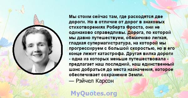 Мы стоим сейчас там, где расходятся две дороги. Но в отличие от дорог в знакомых стихотворениях Роберта Фроста, они не одинаково справедливы. Дорога, по которой мы давно путешествуем, обманчиво легкая, гладкая