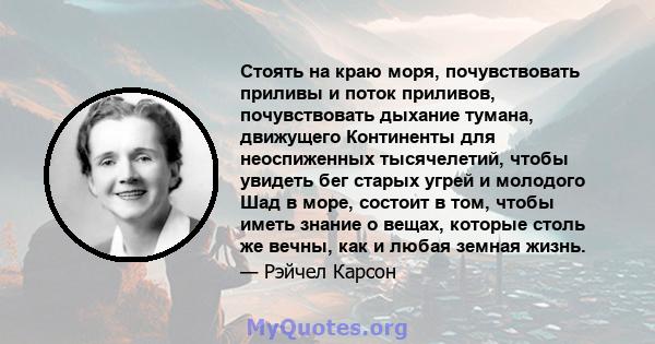 Стоять на краю моря, почувствовать приливы и поток приливов, почувствовать дыхание тумана, движущего Континенты для неоспиженных тысячелетий, чтобы увидеть бег старых угрей и молодого Шад в море, состоит в том, чтобы