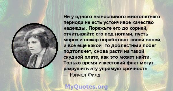 Ни у одного выносливого многолетнего периода не есть устойчивое качество надежды. Порежьте его до корней, отчитывайте его под ногами, пусть мороз и пожар поработают своей волей, и все еще какой -то доблестный побег