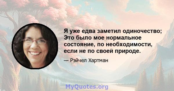 Я уже едва заметил одиночество; Это было мое нормальное состояние, по необходимости, если не по своей природе.