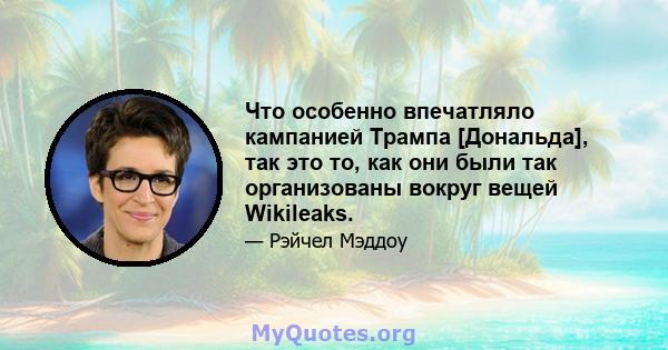 Что особенно впечатляло кампанией Трампа [Дональда], так это то, как они были так организованы вокруг вещей Wikileaks.