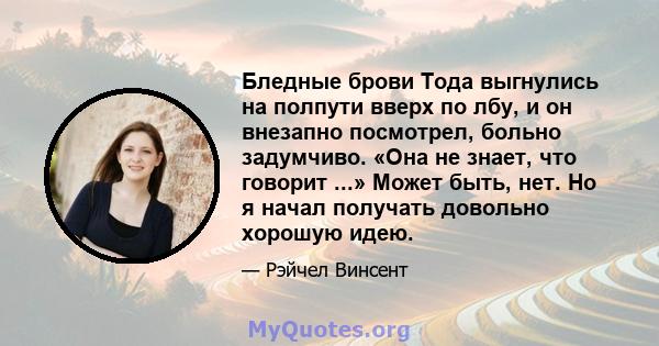 Бледные брови Тода выгнулись на полпути вверх по лбу, и он внезапно посмотрел, больно задумчиво. «Она не знает, что говорит ...» Может быть, нет. Но я начал получать довольно хорошую идею.