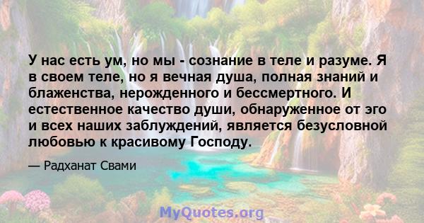 У нас есть ум, но мы - сознание в теле и разуме. Я в своем теле, но я вечная душа, полная знаний и блаженства, нерожденного и бессмертного. И естественное качество души, обнаруженное от эго и всех наших заблуждений,