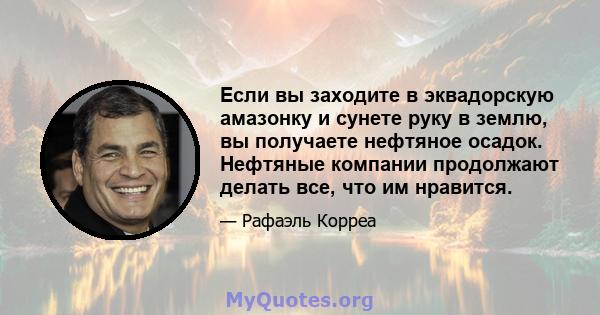 Если вы заходите в эквадорскую амазонку и сунете руку в землю, вы получаете нефтяное осадок. Нефтяные компании продолжают делать все, что им нравится.