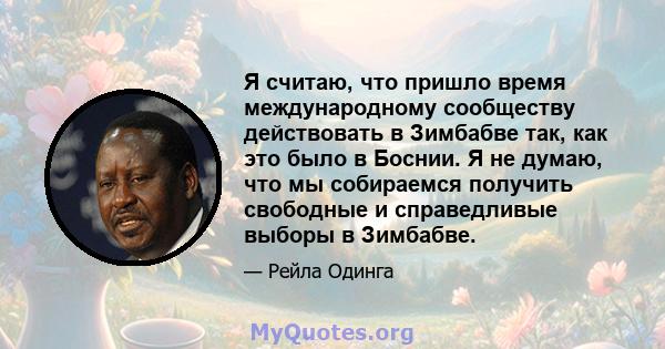 Я считаю, что пришло время международному сообществу действовать в Зимбабве так, как это было в Боснии. Я не думаю, что мы собираемся получить свободные и справедливые выборы в Зимбабве.