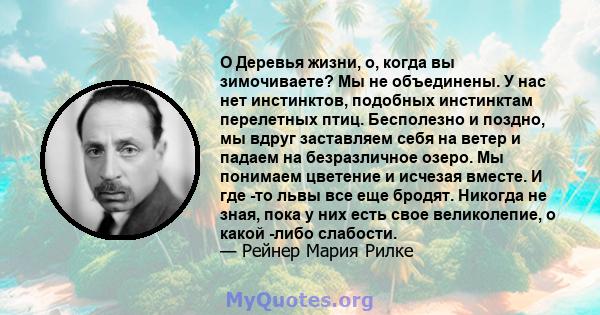 O Деревья жизни, о, когда вы зимочиваете? Мы не объединены. У нас нет инстинктов, подобных инстинктам перелетных птиц. Бесполезно и поздно, мы вдруг заставляем себя на ветер и падаем на безразличное озеро. Мы понимаем