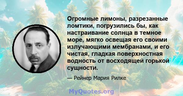 Огромные лимоны, разрезанные ломтики, погрузились бы, как настраивание солнца в темное море, мягко освещая его своими излучающими мембранами, и его чистая, гладкая поверхностная водность от восходящей горькой сущности.