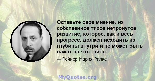 Оставьте свое мнение, их собственное тихое нетронутое развитие, которое, как и весь прогресс, должен исходить из глубины внутри и не может быть нажат на что -либо.