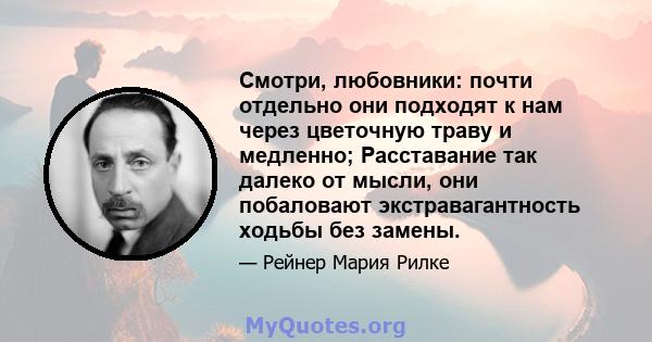 Смотри, любовники: почти отдельно они подходят к нам через цветочную траву и медленно; Расставание так далеко от мысли, они побаловают экстравагантность ходьбы без замены.