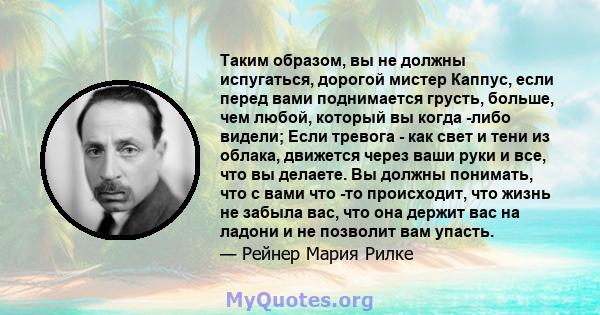 Таким образом, вы не должны испугаться, дорогой мистер Каппус, если перед вами поднимается грусть, больше, чем любой, который вы когда -либо видели; Если тревога - как свет и тени из облака, движется через ваши руки и