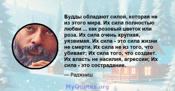 Будды обладают силой, которая не из этого мира. Их сила полностью любви ... как розовый цветок или роза. Их сила очень хрупкая, уязвимая. Их сила - это сила жизни не смерти. Их сила не из того, что убивает; Их сила