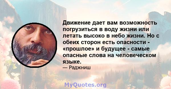 Движение дает вам возможность погрузиться в воду жизни или летать высоко в небо жизни. Но с обеих сторон есть опасности - «прошлое» и будущее - самые опасные слова на человеческом языке.