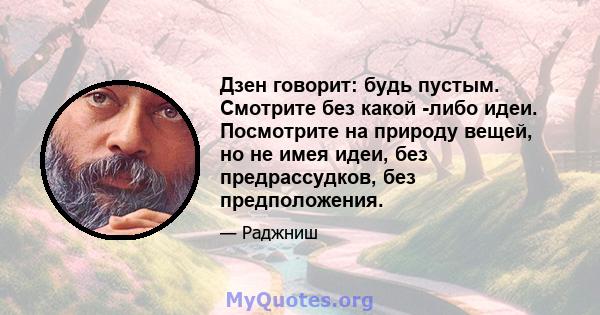 Дзен говорит: будь пустым. Смотрите без какой -либо идеи. Посмотрите на природу вещей, но не имея идеи, без предрассудков, без предположения.