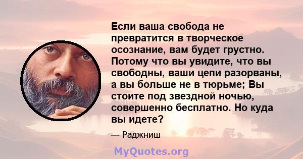 Если ваша свобода не превратится в творческое осознание, вам будет грустно. Потому что вы увидите, что вы свободны, ваши цепи разорваны, а вы больше не в тюрьме; Вы стоите под звездной ночью, совершенно бесплатно. Но