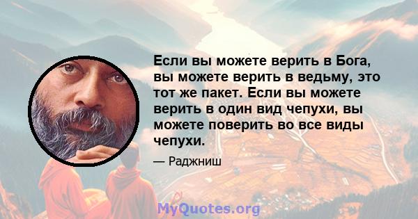 Если вы можете верить в Бога, вы можете верить в ведьму, это тот же пакет. Если вы можете верить в один вид чепухи, вы можете поверить во все виды чепухи.