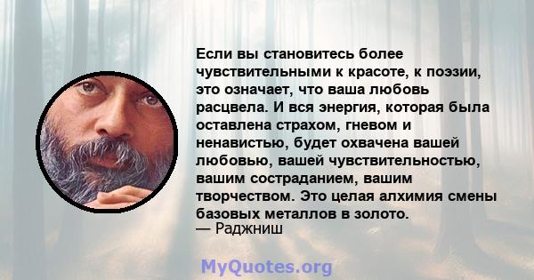 Если вы становитесь более чувствительными к красоте, к поэзии, это означает, что ваша любовь расцвела. И вся энергия, которая была оставлена ​​страхом, гневом и ненавистью, будет охвачена вашей любовью, вашей