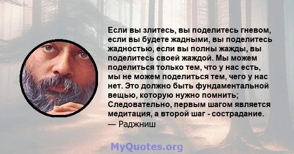 Если вы злитесь, вы поделитесь гневом, если вы будете жадными, вы поделитесь жадностью, если вы полны жажды, вы поделитесь своей жаждой. Мы можем поделиться только тем, что у нас есть, мы не можем поделиться тем, чего у 