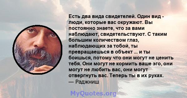 Есть два вида свидетелей. Один вид - люди, которые вас окружают. Вы постоянно знаете, что за вами наблюдают, свидетельствуют. С таким большим количеством глаз, наблюдающих за тобой, ты превращаешься в объект ... и ты