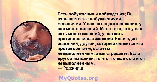 Есть побуждения и побуждения; Вы взрываетесь с побуждениями, желаниями. У вас нет одного желания, у вас много желаний. Мало того, что у вас есть много желаний, у вас есть противоречивые желания. Если один исполнен,