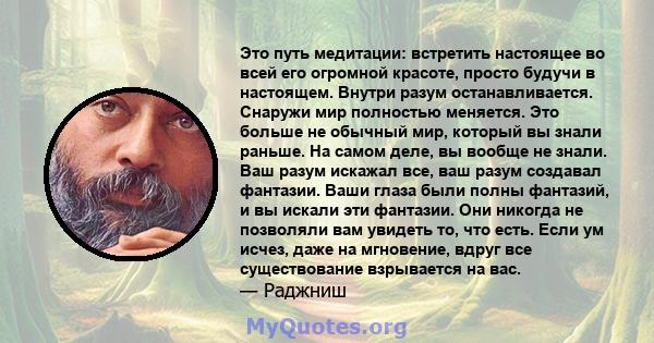 Это путь медитации: встретить настоящее во всей его огромной красоте, просто будучи в настоящем. Внутри разум останавливается. Снаружи мир полностью меняется. Это больше не обычный мир, который вы знали раньше. На самом 