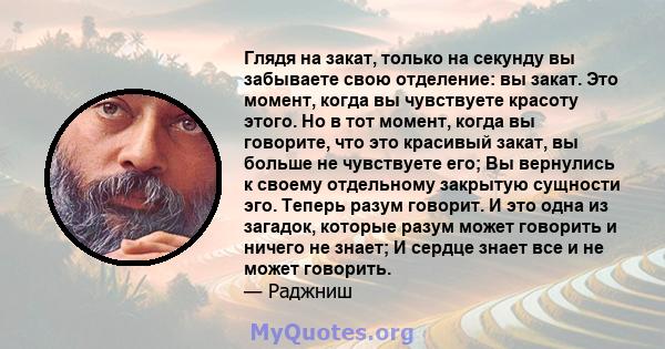 Глядя на закат, только на секунду вы забываете свою отделение: вы закат. Это момент, когда вы чувствуете красоту этого. Но в тот момент, когда вы говорите, что это красивый закат, вы больше не чувствуете его; Вы