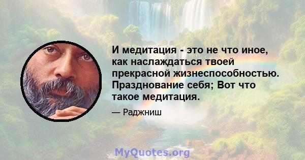 И медитация - это не что иное, как наслаждаться твоей прекрасной жизнеспособностью. Празднование себя; Вот что такое медитация.