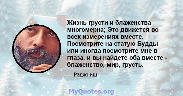 Жизнь грусти и блаженства многомерна; Это движется во всех измерениях вместе. Посмотрите на статую Будды или иногда посмотрите мне в глаза, и вы найдете оба вместе - блаженство, мир, грусть.