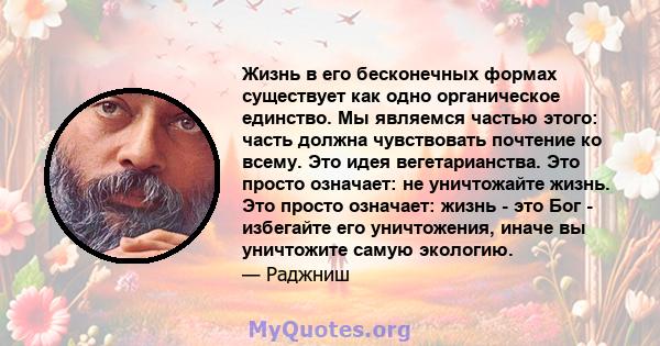 Жизнь в его бесконечных формах существует как одно органическое единство. Мы являемся частью этого: часть должна чувствовать почтение ко всему. Это идея вегетарианства. Это просто означает: не уничтожайте жизнь. Это