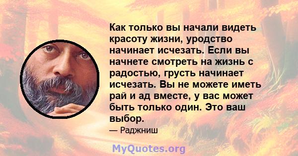 Как только вы начали видеть красоту жизни, уродство начинает исчезать. Если вы начнете смотреть на жизнь с радостью, грусть начинает исчезать. Вы не можете иметь рай и ад вместе, у вас может быть только один. Это ваш