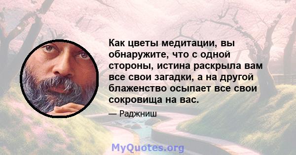 Как цветы медитации, вы обнаружите, что с одной стороны, истина раскрыла вам все свои загадки, а на другой блаженство осыпает все свои сокровища на вас.