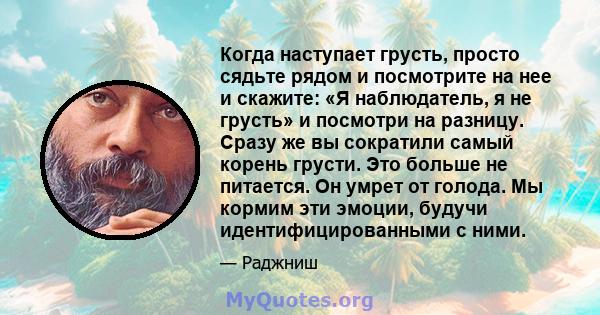 Когда наступает грусть, просто сядьте рядом и посмотрите на нее и скажите: «Я наблюдатель, я не грусть» и посмотри на разницу. Сразу же вы сократили самый корень грусти. Это больше не питается. Он умрет от голода. Мы