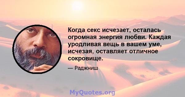 Когда секс исчезает, осталась огромная энергия любви. Каждая уродливая вещь в вашем уме, исчезая, оставляет отличное сокровище.