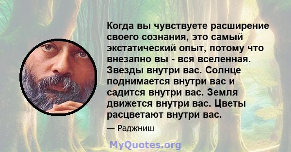 Когда вы чувствуете расширение своего сознания, это самый экстатический опыт, потому что внезапно вы - вся вселенная. Звезды внутри вас. Солнце поднимается внутри вас и садится внутри вас. Земля движется внутри вас.