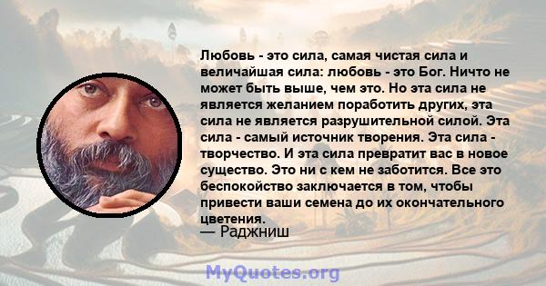 Любовь - это сила, самая чистая сила и величайшая сила: любовь - это Бог. Ничто не может быть выше, чем это. Но эта сила не является желанием поработить других, эта сила не является разрушительной силой. Эта сила -